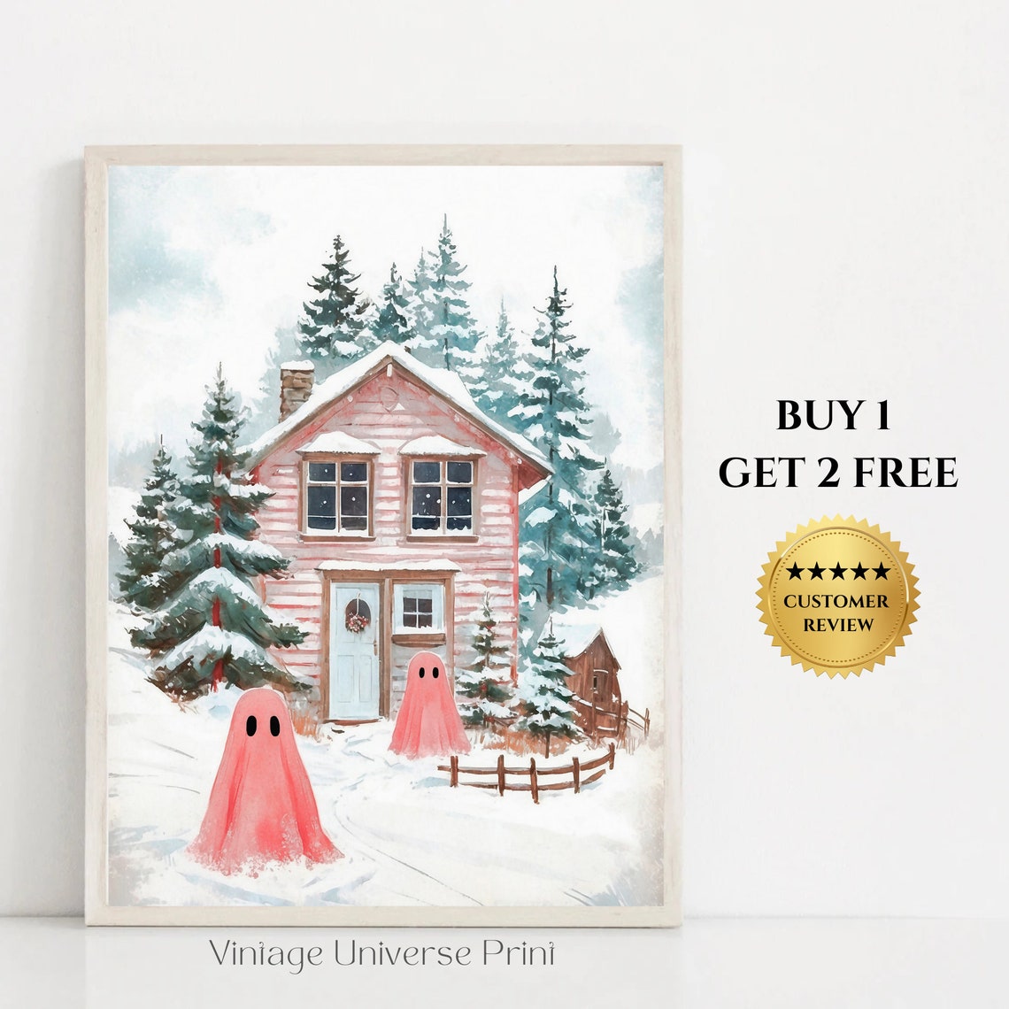 Two Pink Ghosts Before Pink Wooden Cottage in Snowy Pines Print