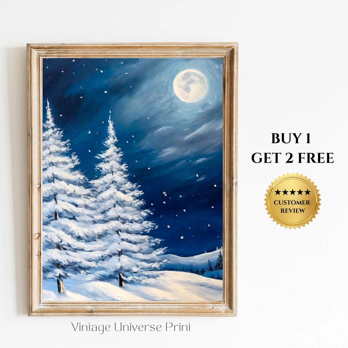 Full Moon Snowy Pines Night Sky Falling Snow Serene Winter Poster