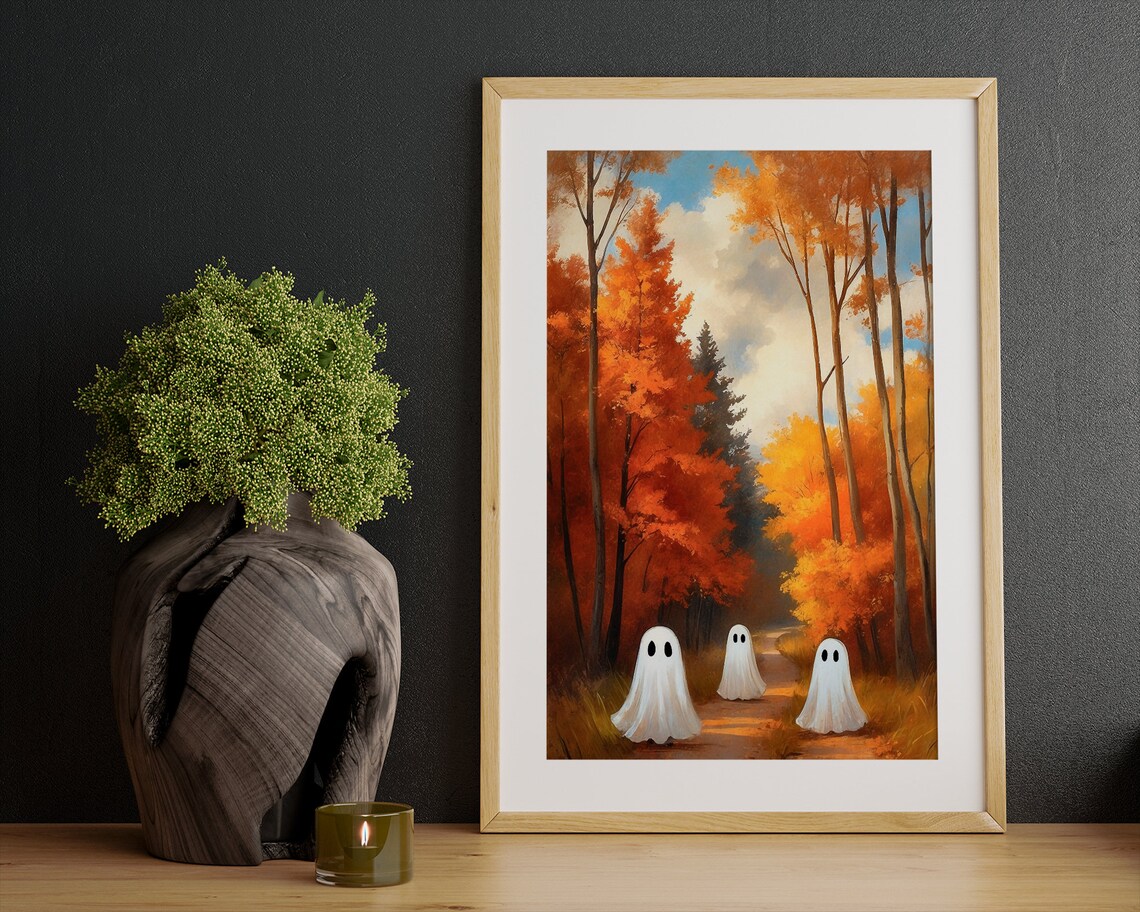 Three Cute Ghosts Wandering A Fiery Orange Autumn Forest Path Vintage Art Print - Image 2