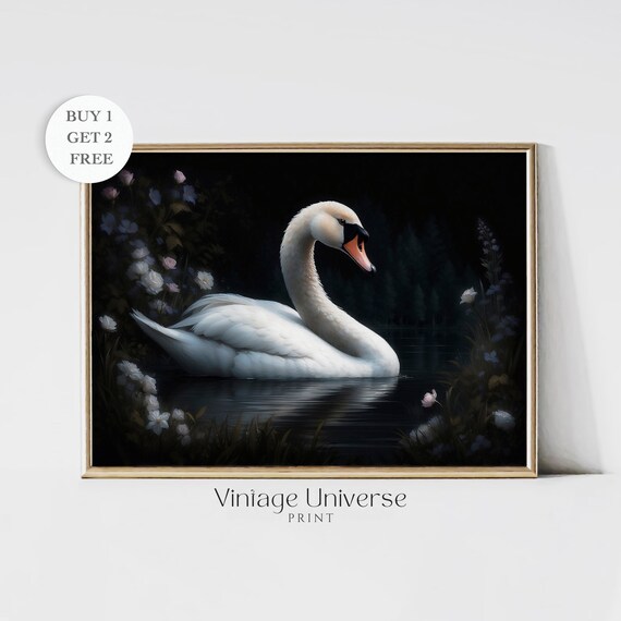 Swan Painting Antique Oil Painting Cottagecore Print Wild Life Wall Art Nature Room Decor Moody Animal Farmhouse Room Art