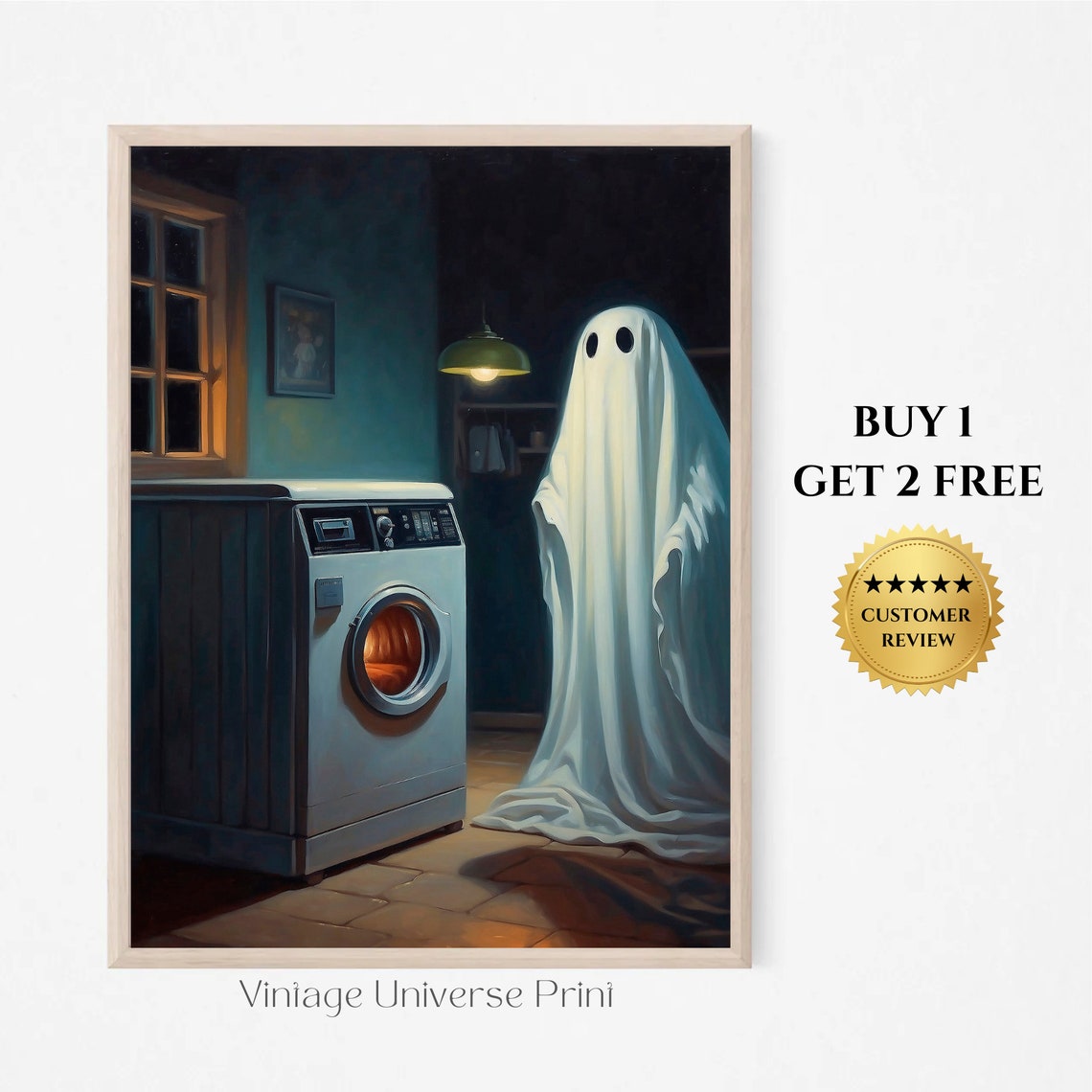 Ghost Doing Laundry by a Washing Machine in a Dark Room Spooky Poster
