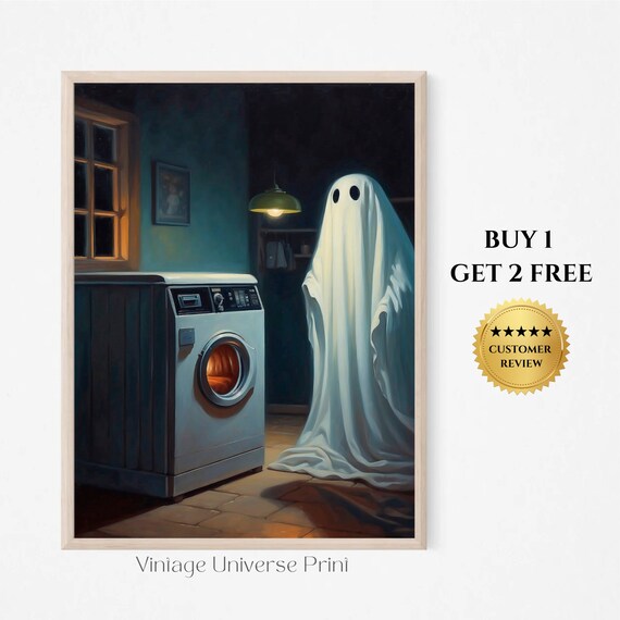 Ghost Doing Laundry by a Washing Machine in a Dark Room Spooky Poster