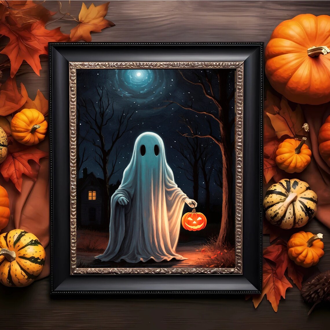 Ghost With A Jack O Lantern On A Spooky Moonlit Night In The Woods Art Print - Image 3