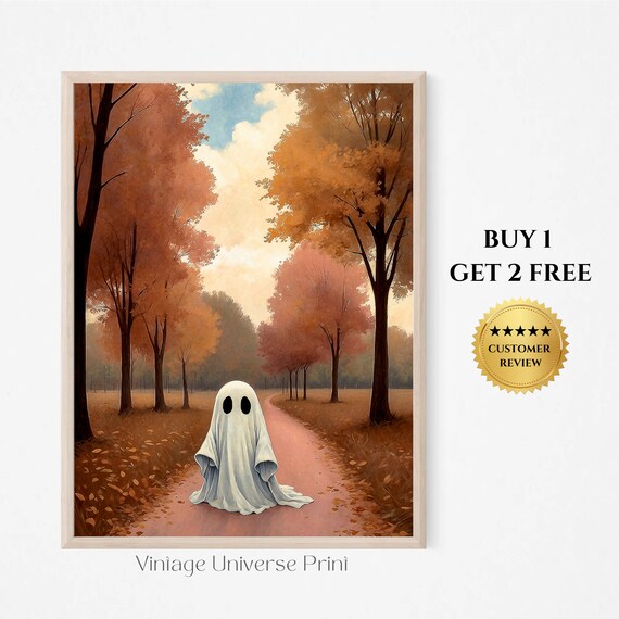 A Lone Ghost Strolling A Winding Path Through Blush Tone Autumn Woods Art Print