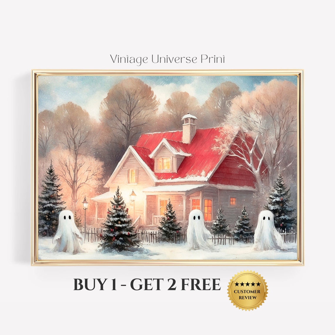 Three Ghosts Outside Christmas House Snowy Holiday Scene Print
