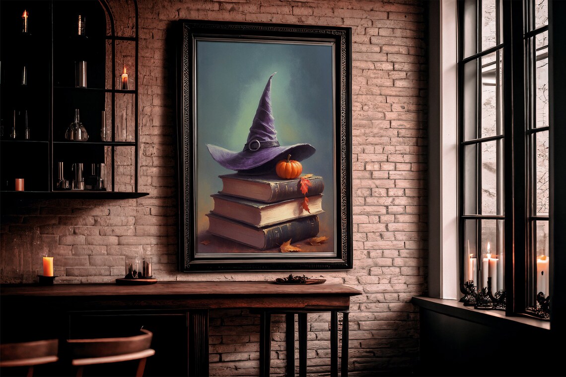 Witch Hat On Stack Of Old Books With Small Pumpkin Halloween Still Life Poster - Image 2