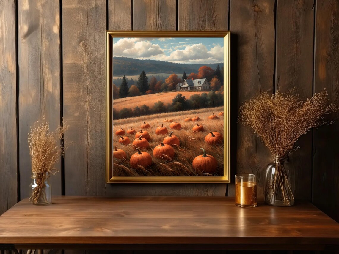 Pumpkin Patch Farm Landscape With Farmhouse Rustic Fall Harvest Painting Poster - Image 3