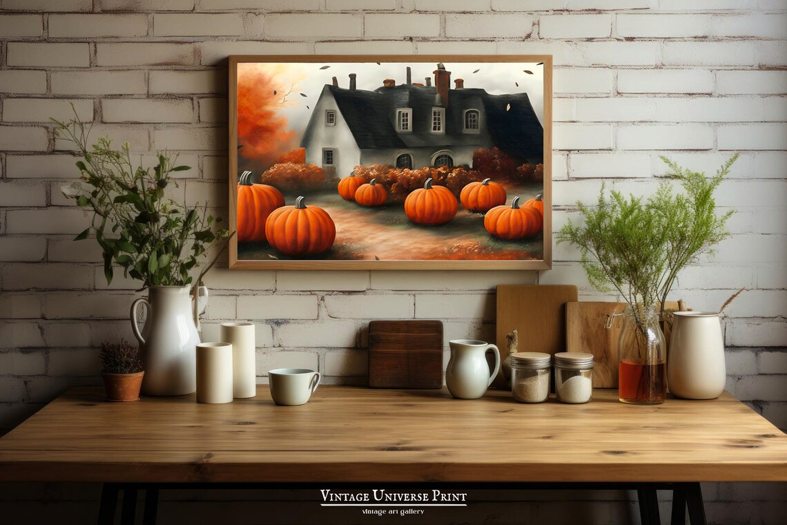 Country House Pumpkin Patch Autumn Vintage Oil Painting Wall Art - Image 3