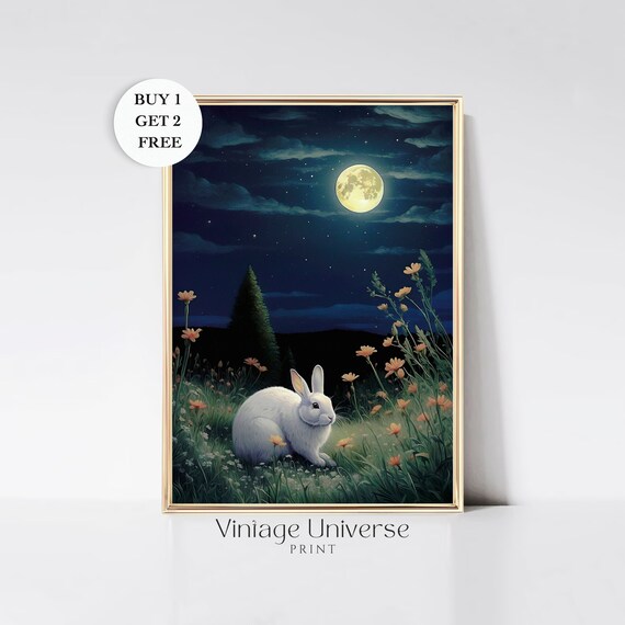 White Rabbit in Moonlit Wildflower Meadow Night Sky Art Print