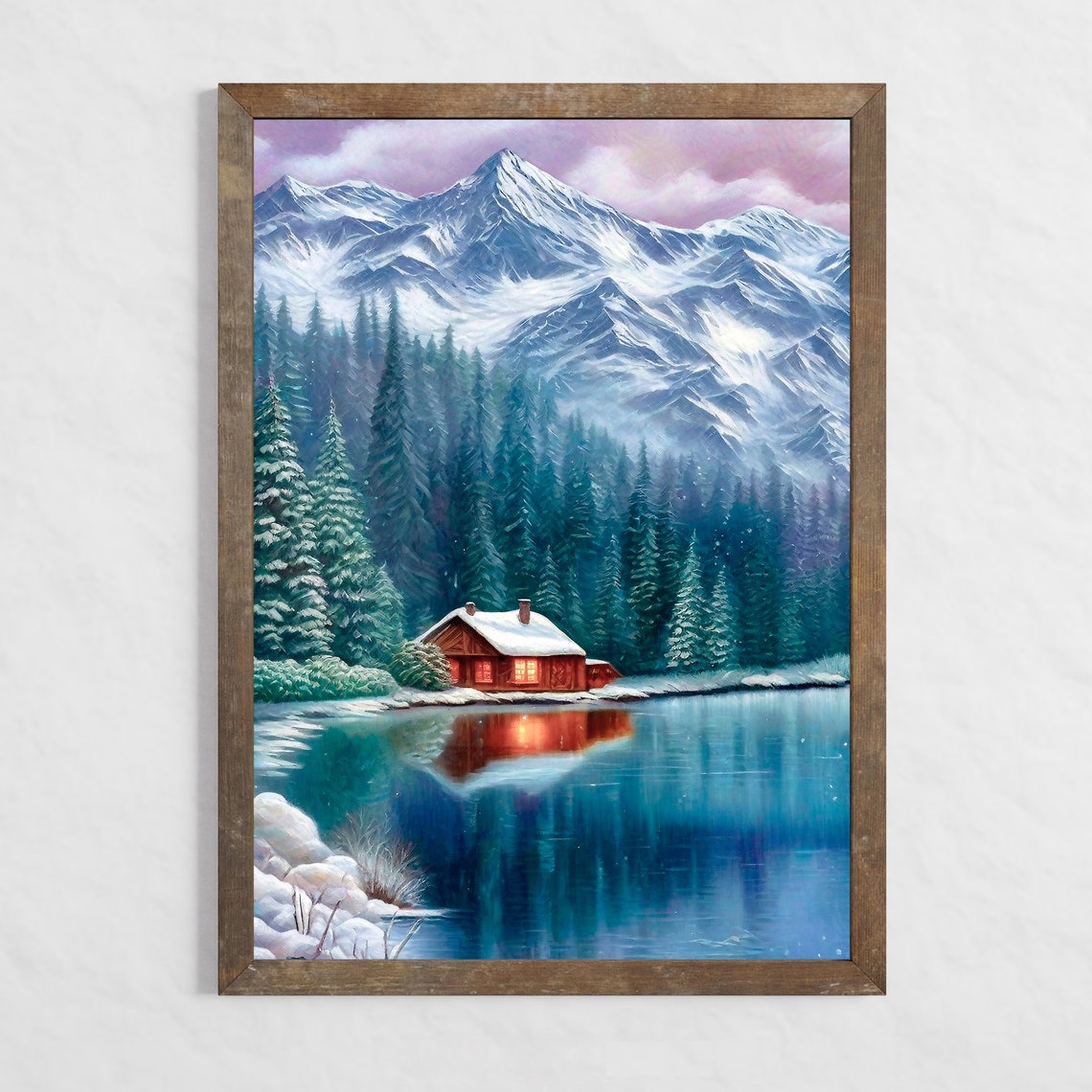 Snowy Mountain Cabin Glowing Lake Reflection Winter Forest Poster - Image 5