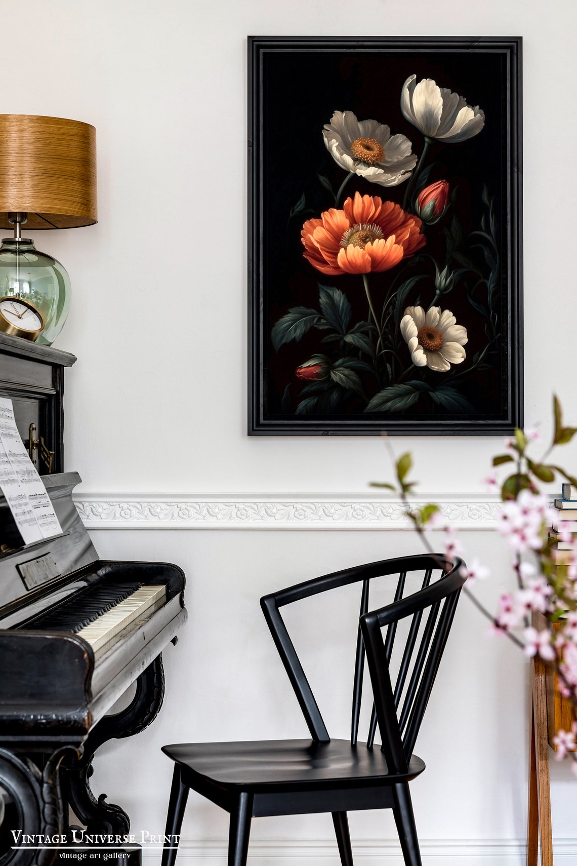Orange And White Wildflowers On Black Background Moody Floral Poster - Image 2