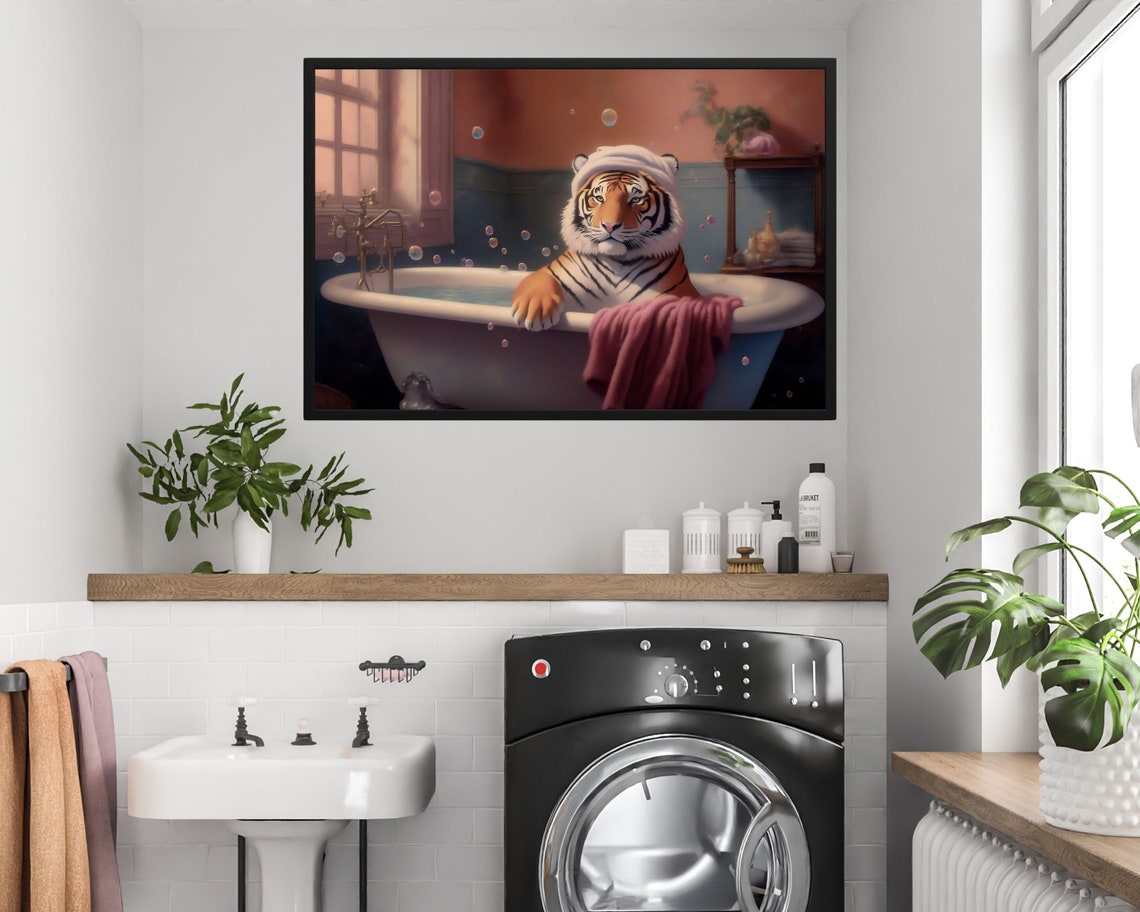 Tiger in a Bubble Bath Wearing a White Towel Turban Funny Bath Poster - Image 5