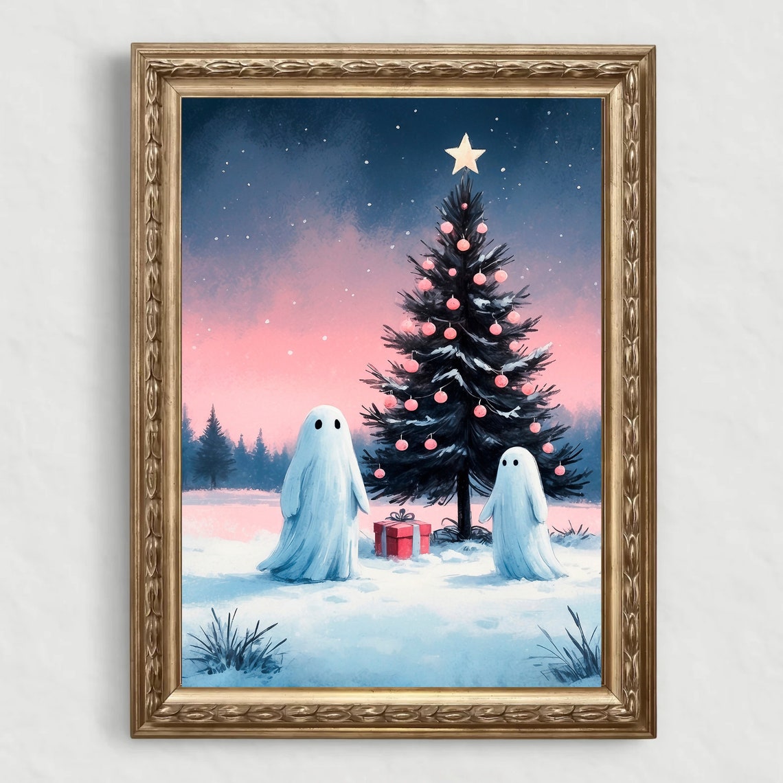 Two Ghosts Beside Christmas Tree with Pink Ornaments Night Print - Image 4