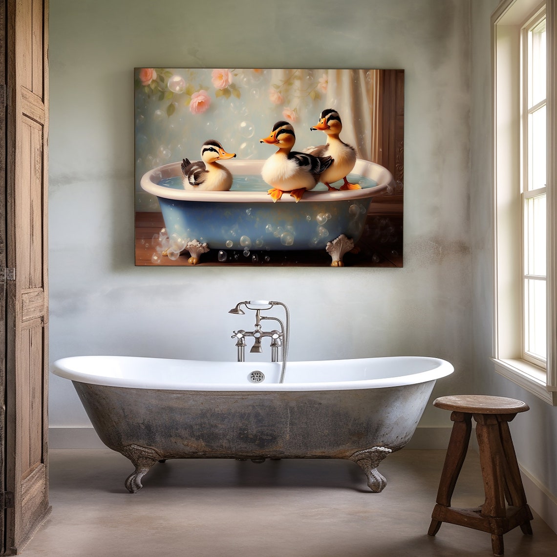 Three Baby Ducks Bathing In A Blue Clawfoot Tub Vintage Poster - Image 4