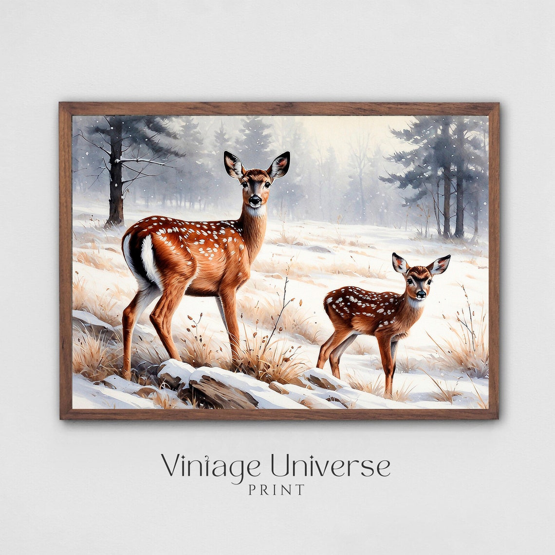Mother Deer Fawn Snowy Meadow Winter Wildlife Tender Scene Poster - Image 5