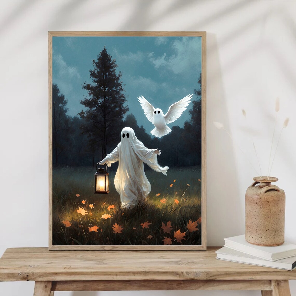 Ghost With Lantern And Flying Ghost Owl In Autumn Meadow Halloween Painting Poster - Image 3