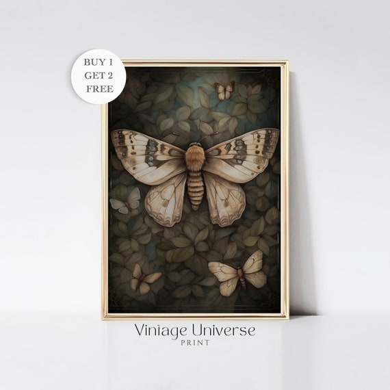 Botanical Moth Print Moody Woodland Butterfly Wall Art Goth Wall Art Floral Dark Academia Vintage Poster Light Academia Moody Art