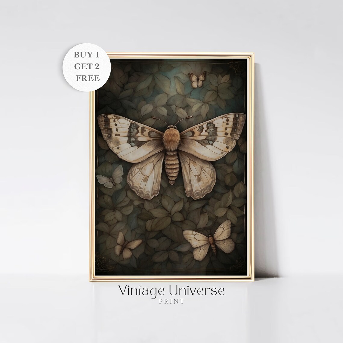 Vintage Moth And Butterflies Among Dark Leaves Moody Art Poster