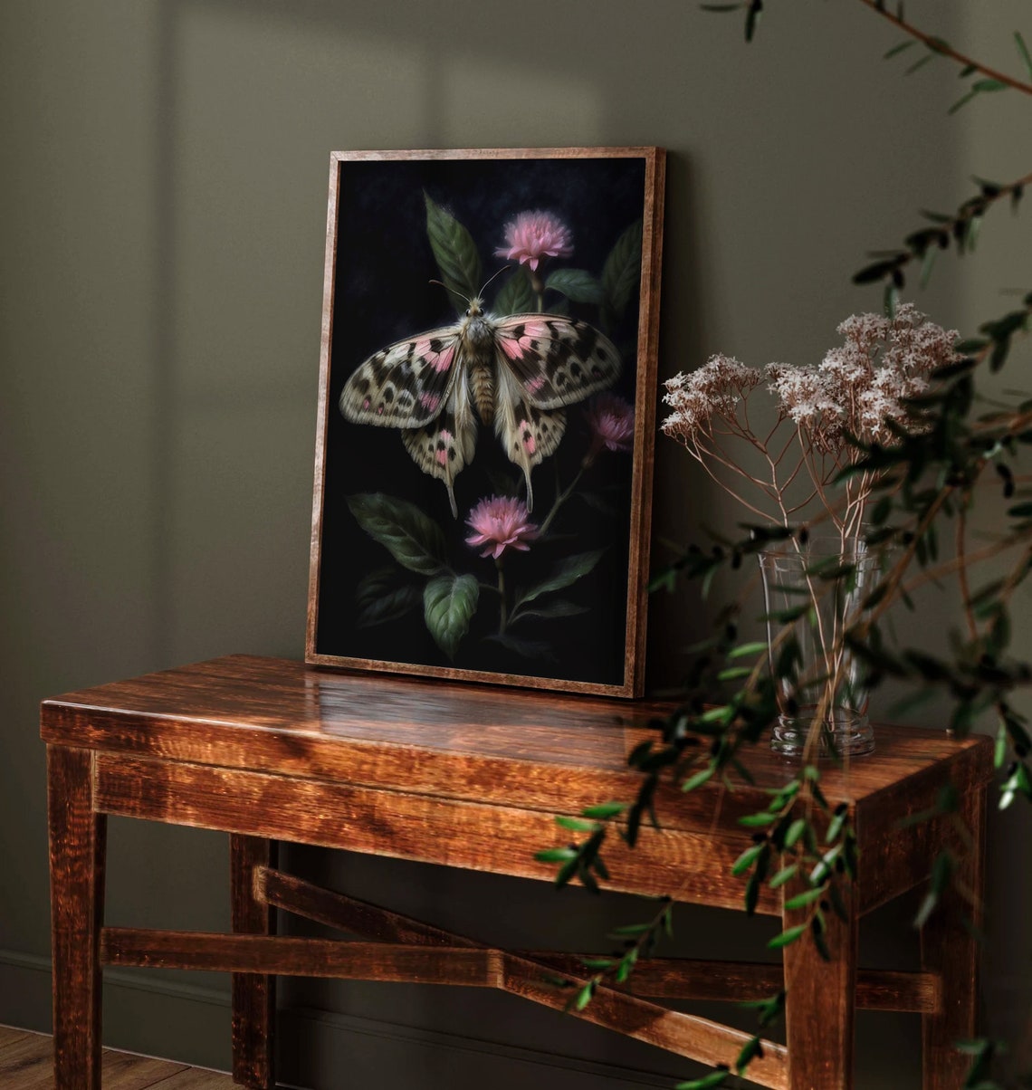 Giant Pink and Black Moth on Blossoms in Dark Botanical Art Print - Image 3