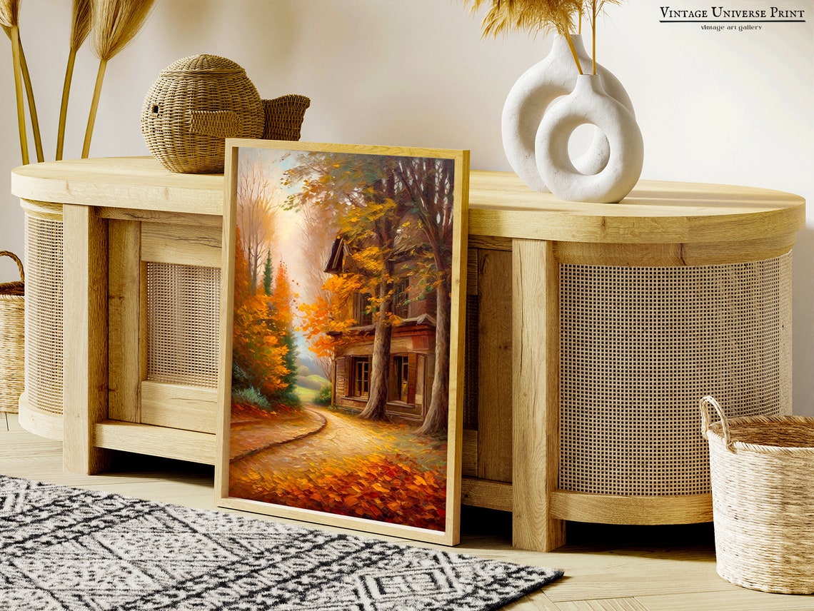 Rustic House On An Autumn Forest Road With Golden Leaves Wall Art - Image 4