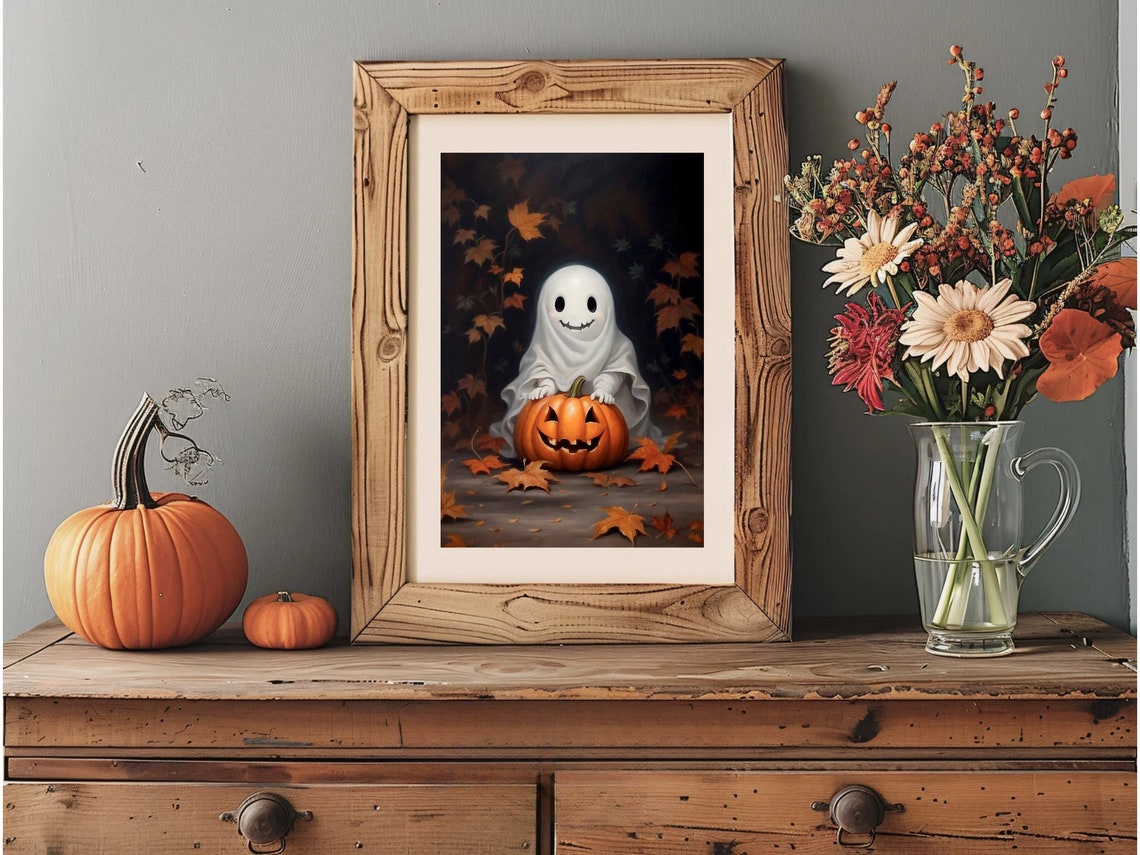 Cute Ghost With Jack O Lantern Among Falling Autumn Leaves Poster - Image 3