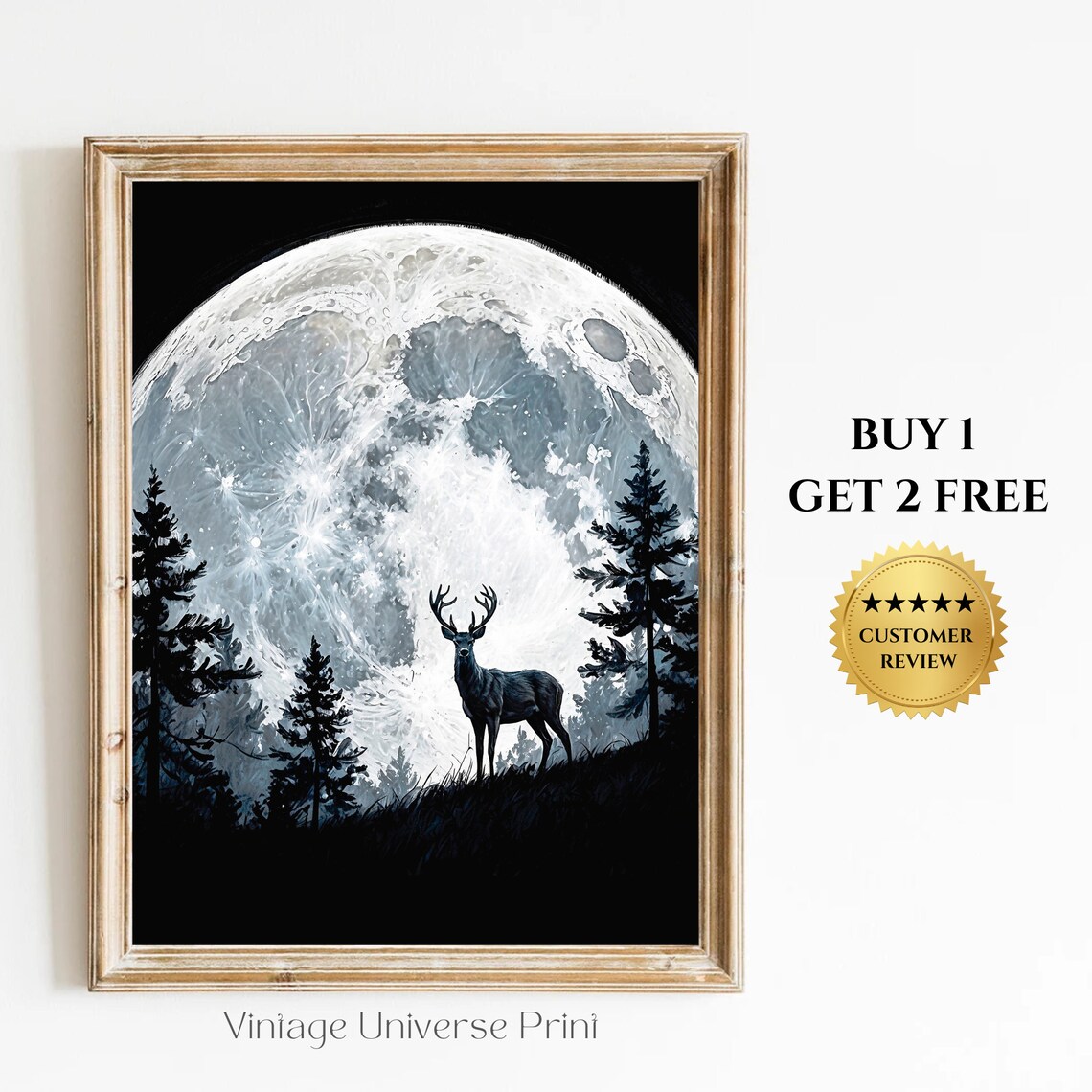 Stag Under Giant Full Moon in Pine Forest Night Sky Art Print
