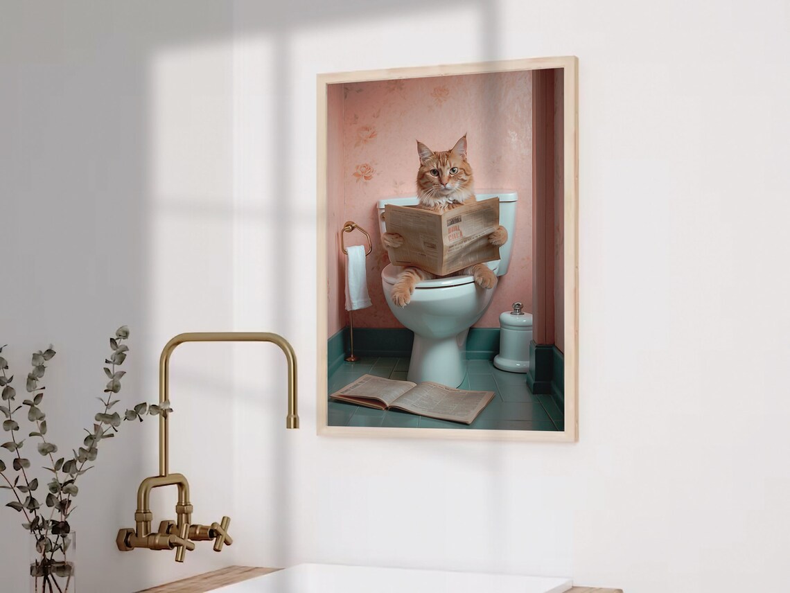 Orange Cat Reading Newspaper On Toilet Funny Cat Bathroom Poster - Image 3