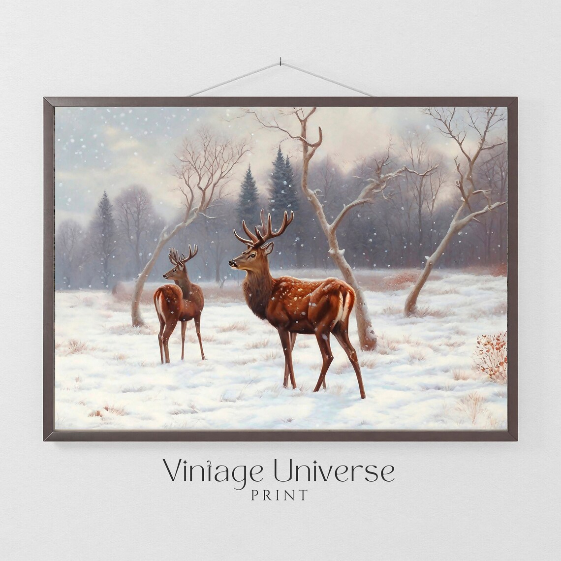 Two Deer Winter Forest Falling Snow Vintage Wildlife Landscape Poster - Image 4