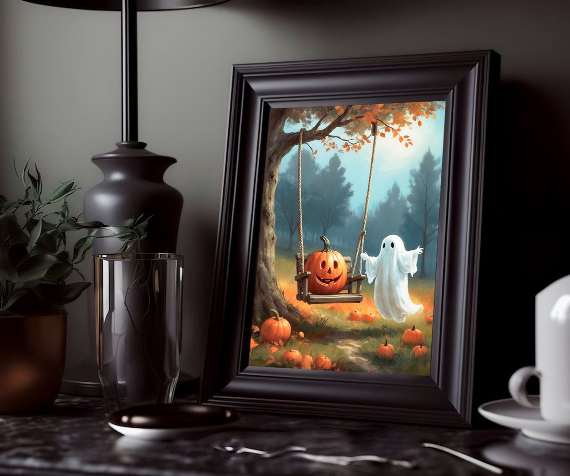 Ghost Pushing Pumpkin on Tree Swing Autumn Halloween Scene Print - Image 3