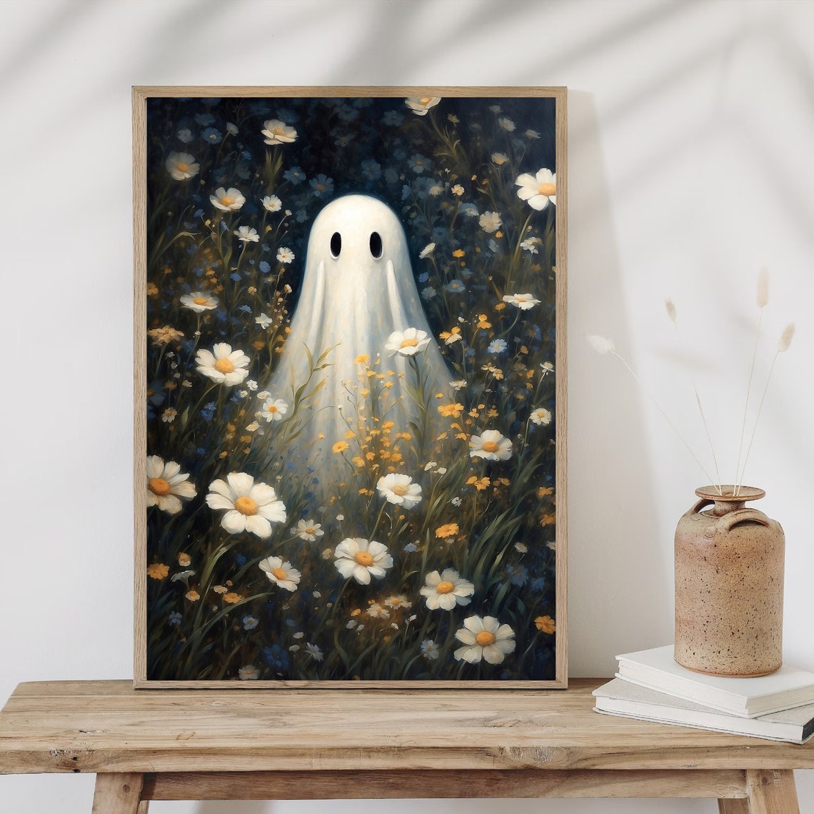 Cute Sheet Ghost Standing in a Field of Daisies and Wildflowers Poster - Image 3