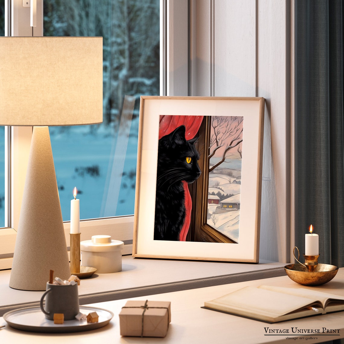 Black Cat Golden Eyes Snowy Village Window Winter Cat Art Poster - Image 2