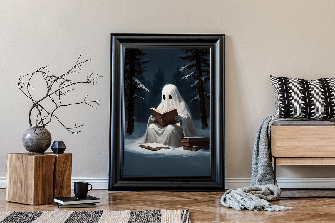 Ghost Reading a Book in Snowy Forest at Night Dark Academia Print - Image 3