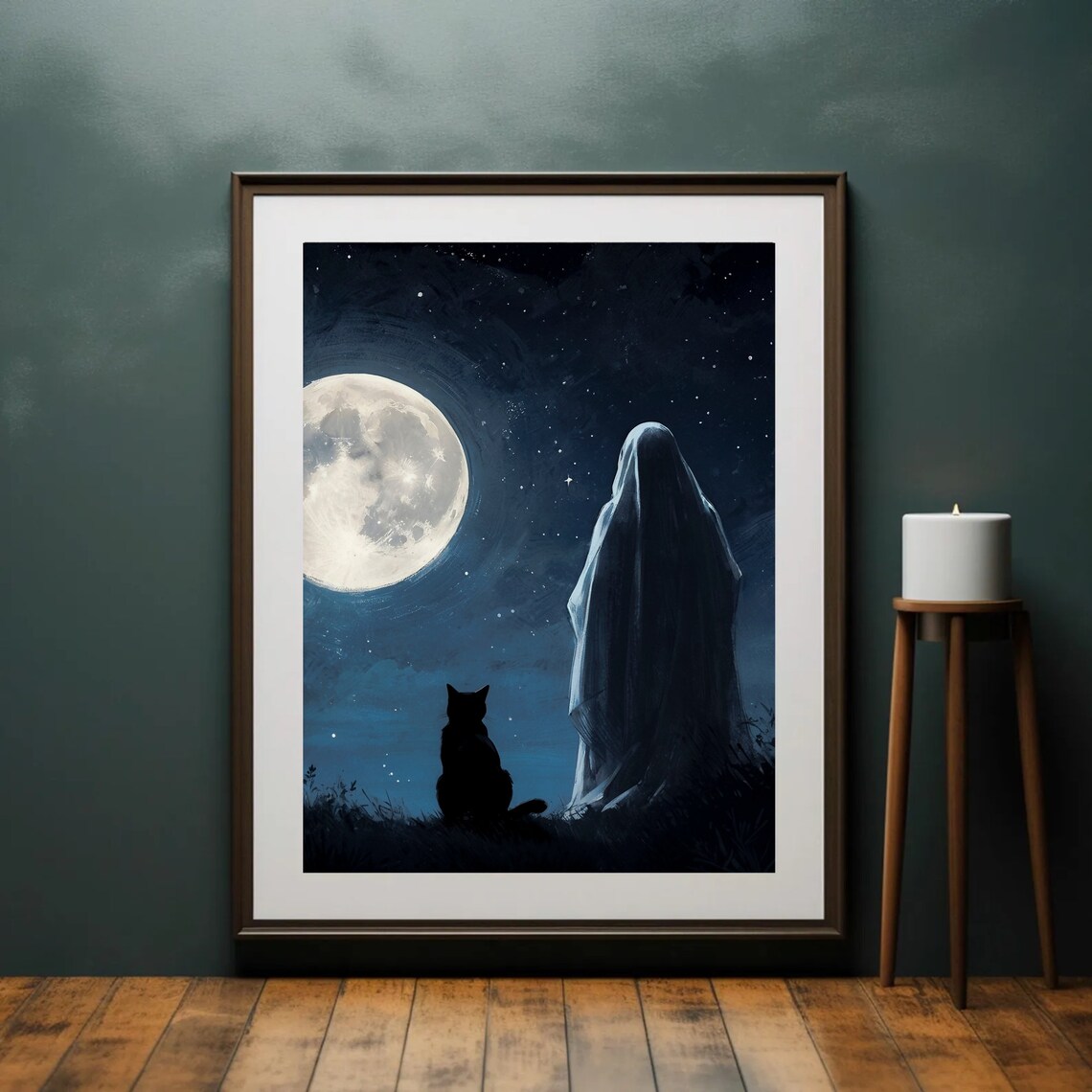 Ghost And Black Cat Gazing At A Full Moon In A Starry Night Sky Painting Poster - Image 4