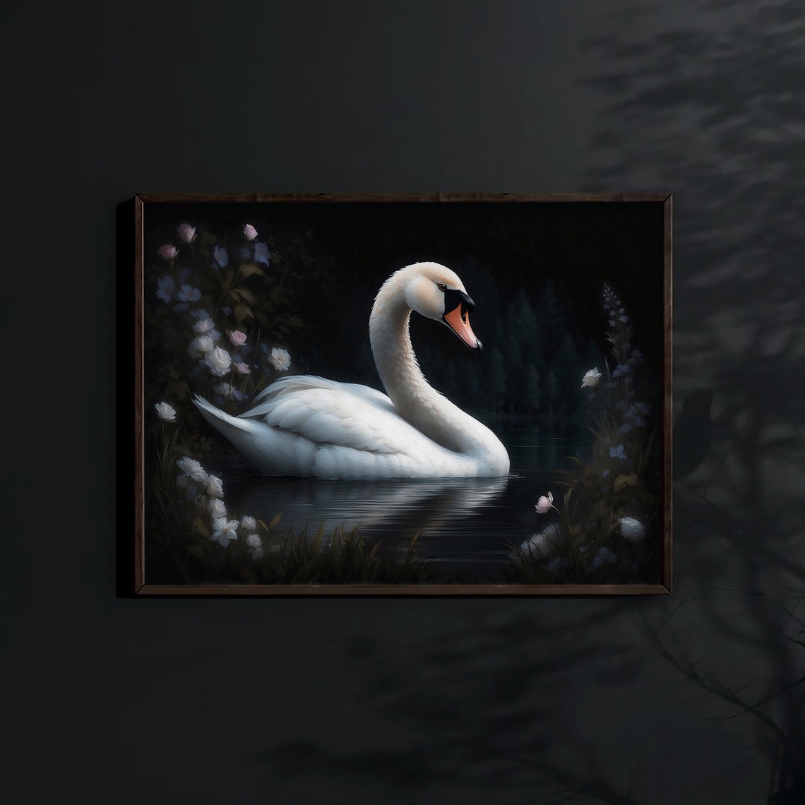 White Swan on Dark Water Surrounded by Night Blooms Art Print - Image 4