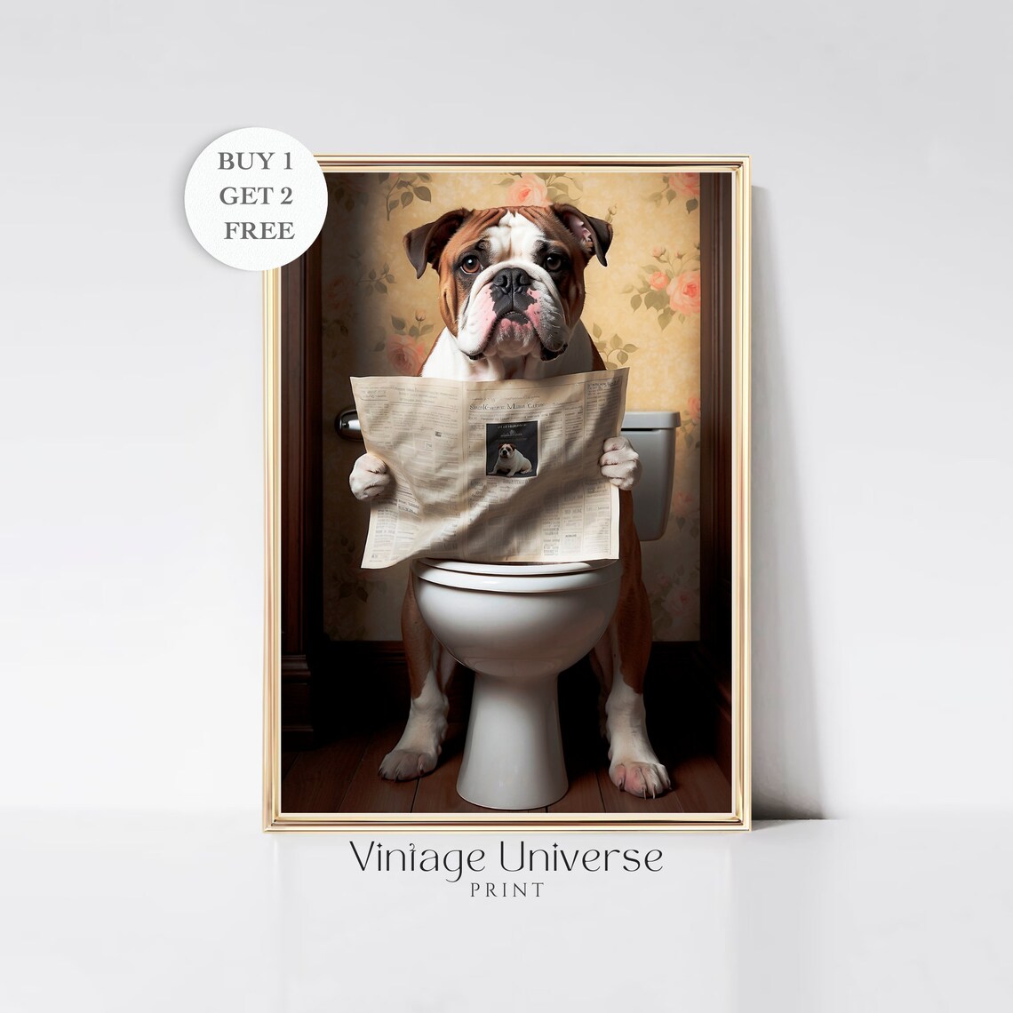 English Bulldog Reading A Newspaper On The Toilet Dog Poster
