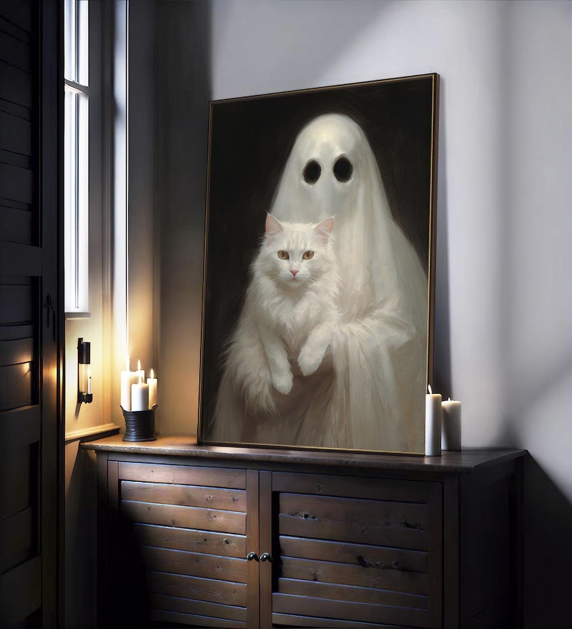Ghost Holding A White Cat Dark Romantic Spooky Halloween Poster - Image 2