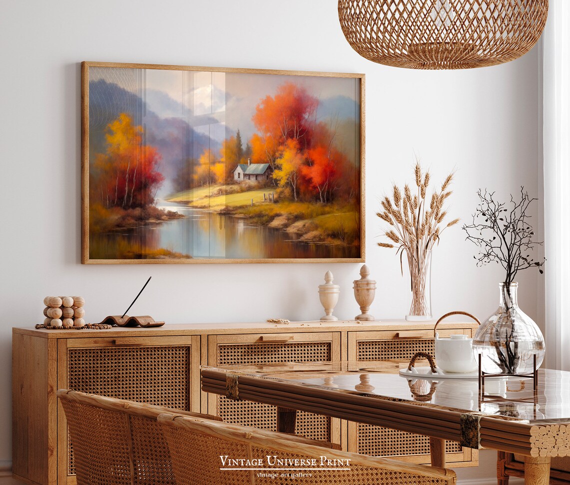 Autumn Cabin by the River Red Fall Trees Vintage Oil Painting Poster - Image 2
