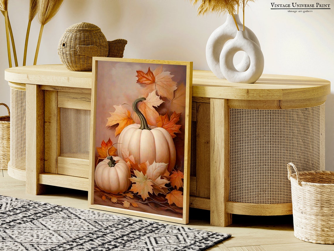 White Pumpkins Autumn Leaves Rustic Fall Still Life Painting Poster - Image 2