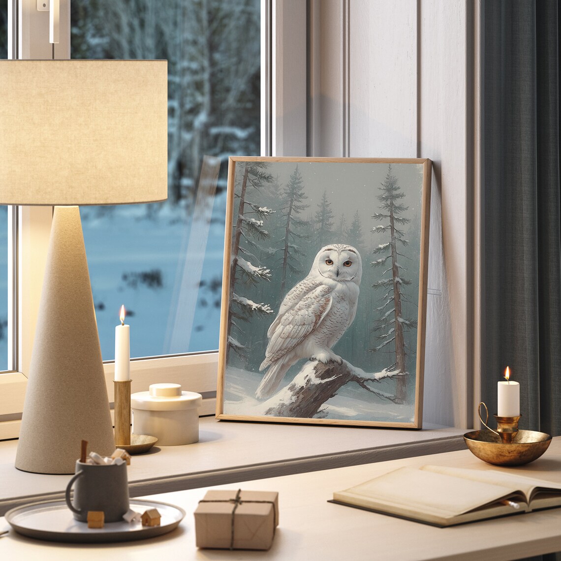 Snowy Owl In Winter Forest Landscape Oil Painting Rustic Farmhouse Christmas Wall Art Country Christmas Decor Vintage Owl - Image 2