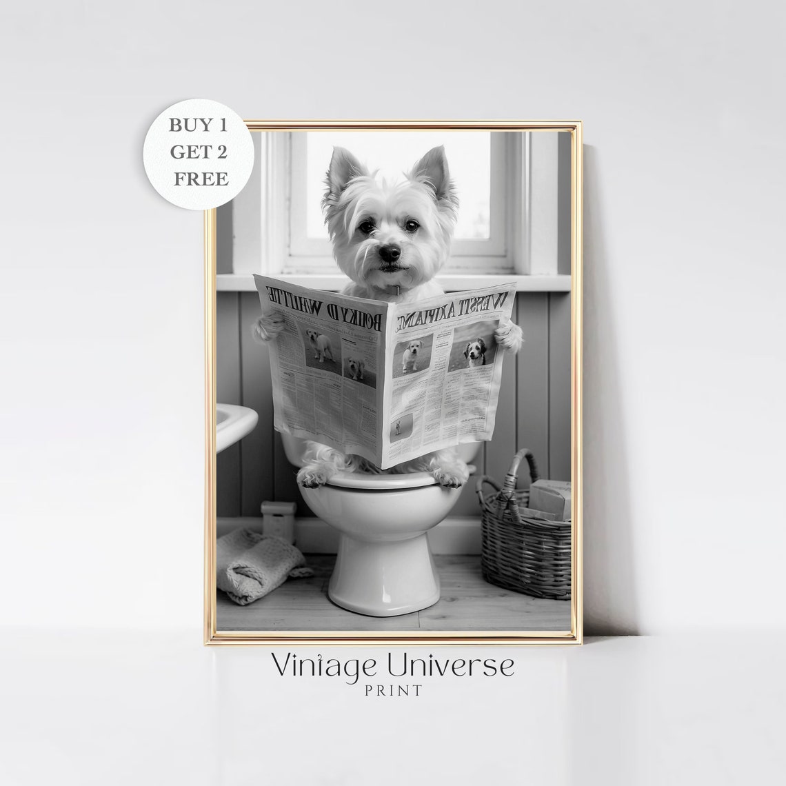 White Terrier Dog Reading Newspaper On Toilet Funny Dog Poster