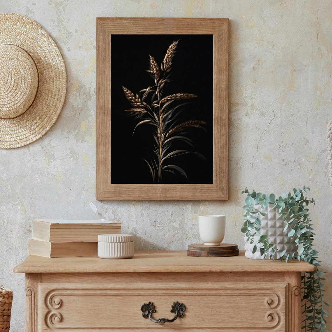 Golden Wheat Stalks Elegant Botanical Study on Black Art Poster - Image 2