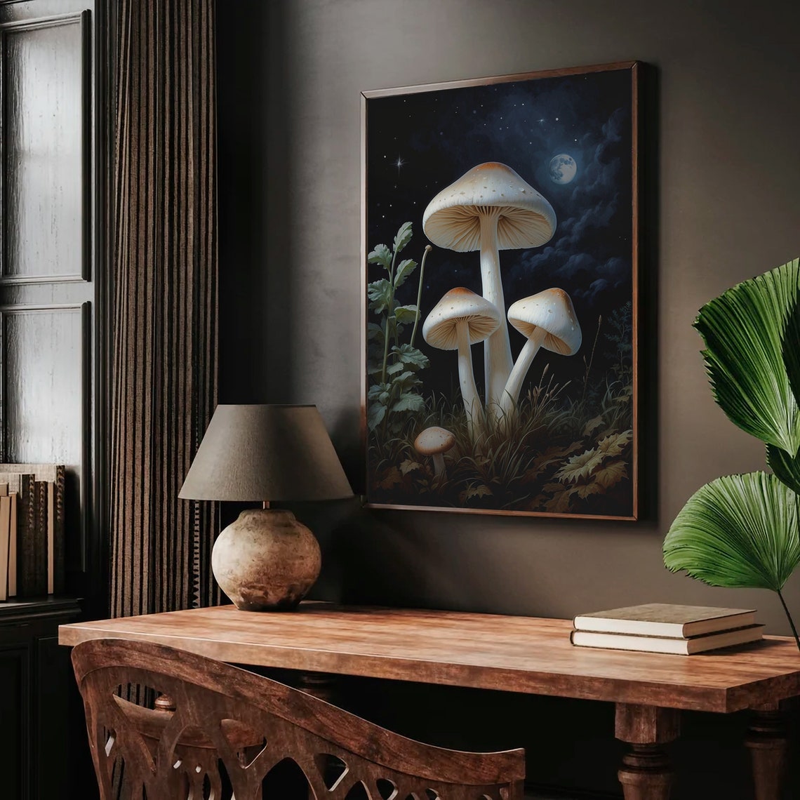 Cream Mushrooms in a Moonlit Starry Night Forest Clearing Art Print - Image 5