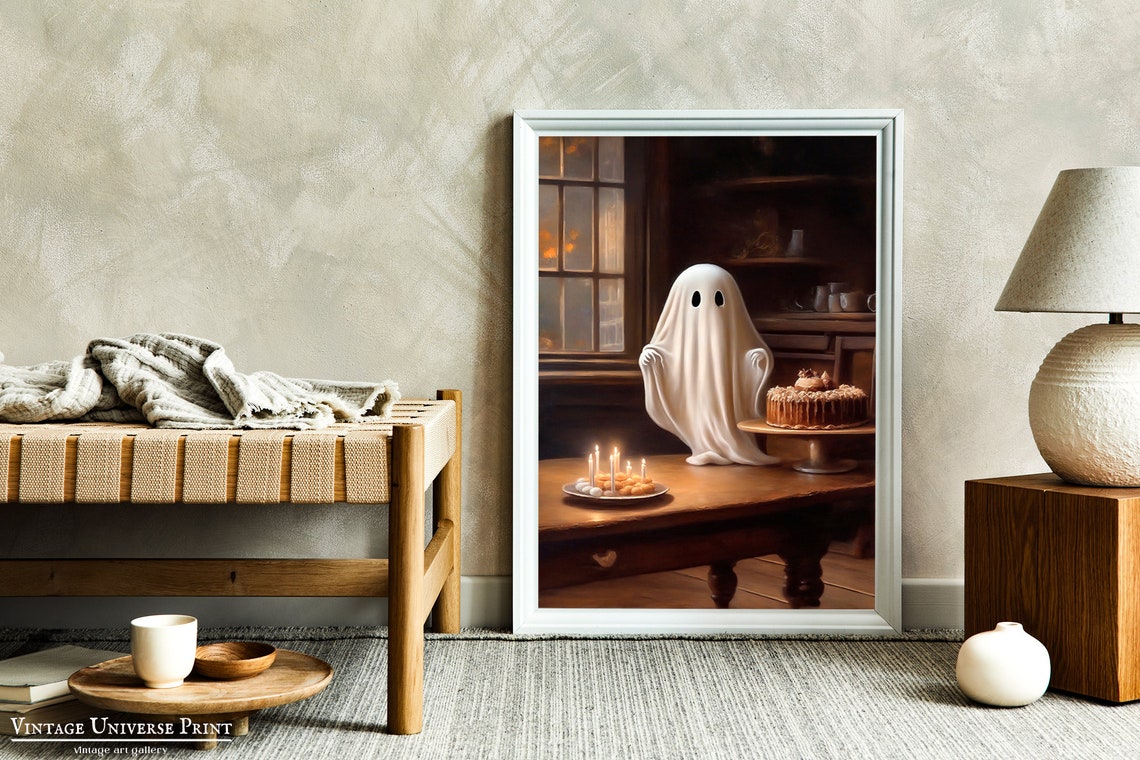 Cute Ghost In Bakery Vintage Painting Ghost Wall Art Cottagecore Artwork Dark Academia Print Halloween Wall Art Ghost Art - Image 3