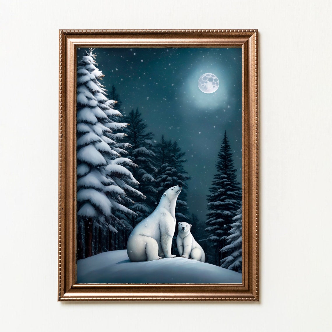 Polar Bear and Cub Under Moonlight Snowy Forest Night Poster - Image 4