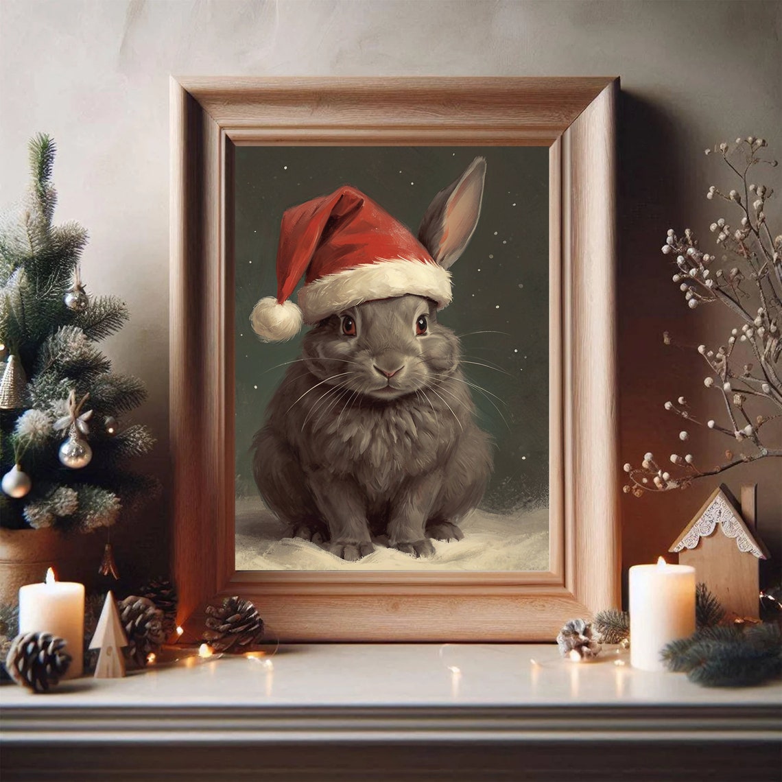 Gray Bunny In Santa Hat In The Snow Cute Cozy Christmas Poster - Image 5