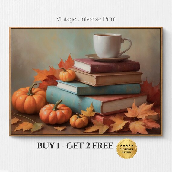 Stack Of Books With Coffee Cup Pumpkins Cozy Fall Reading Poster