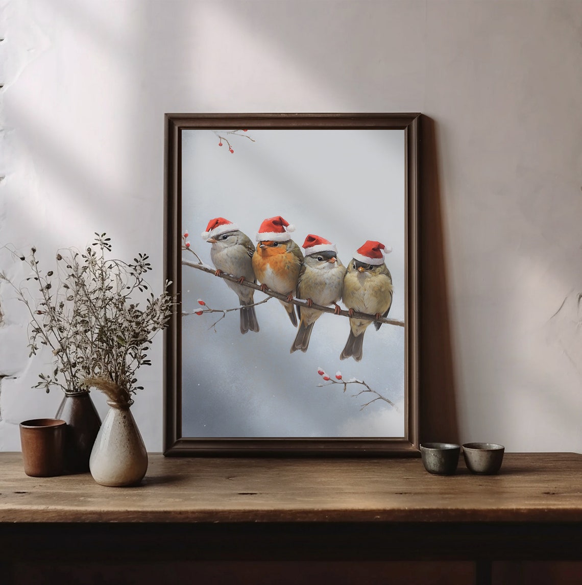 Four Birds With Santa Hats On Branch Winter Christmas Poster - Image 2