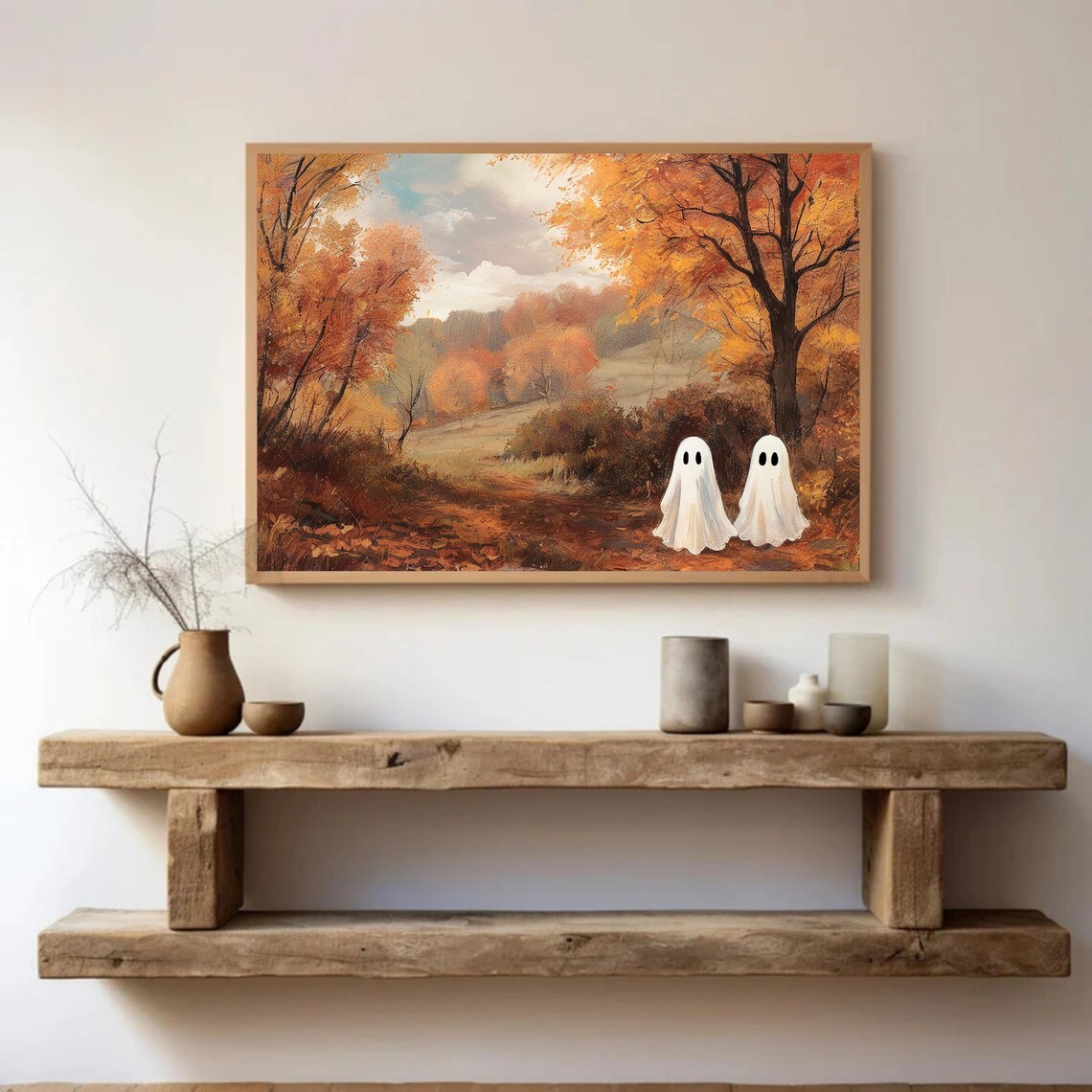 Two Cute Ghosts Strolling A Moody Autumn Forest Trail Vintage Painting Wall Art - Image 2