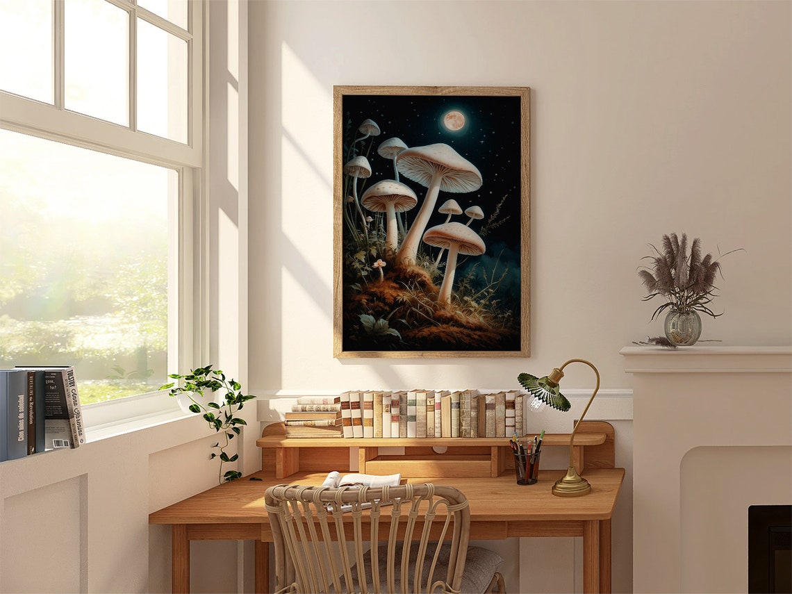 Giant White Mushrooms Under a Glowing Full Moon Starry Night Art Print - Image 3