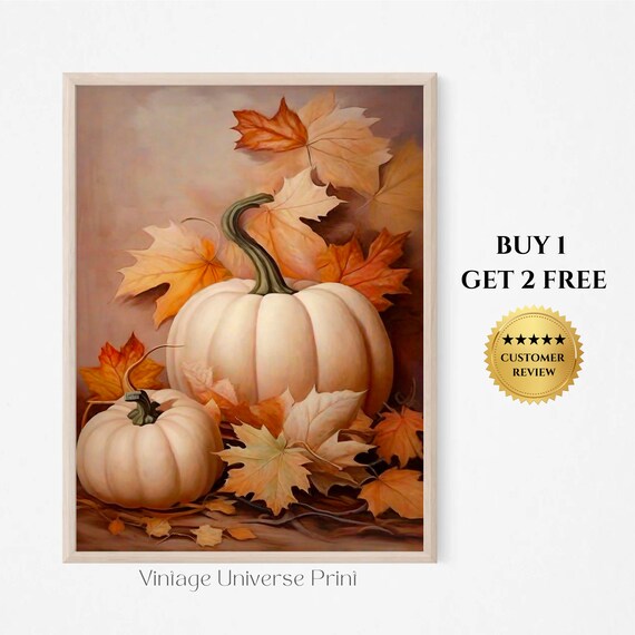 White Pumpkins Autumn Leaves Rustic Fall Still Life Painting Poster
